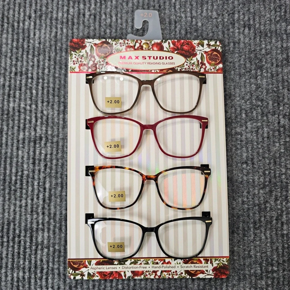 Max Studio Reading Glasses Women +2.00 Multicolor 4 Pack Square Aspheric Lenses